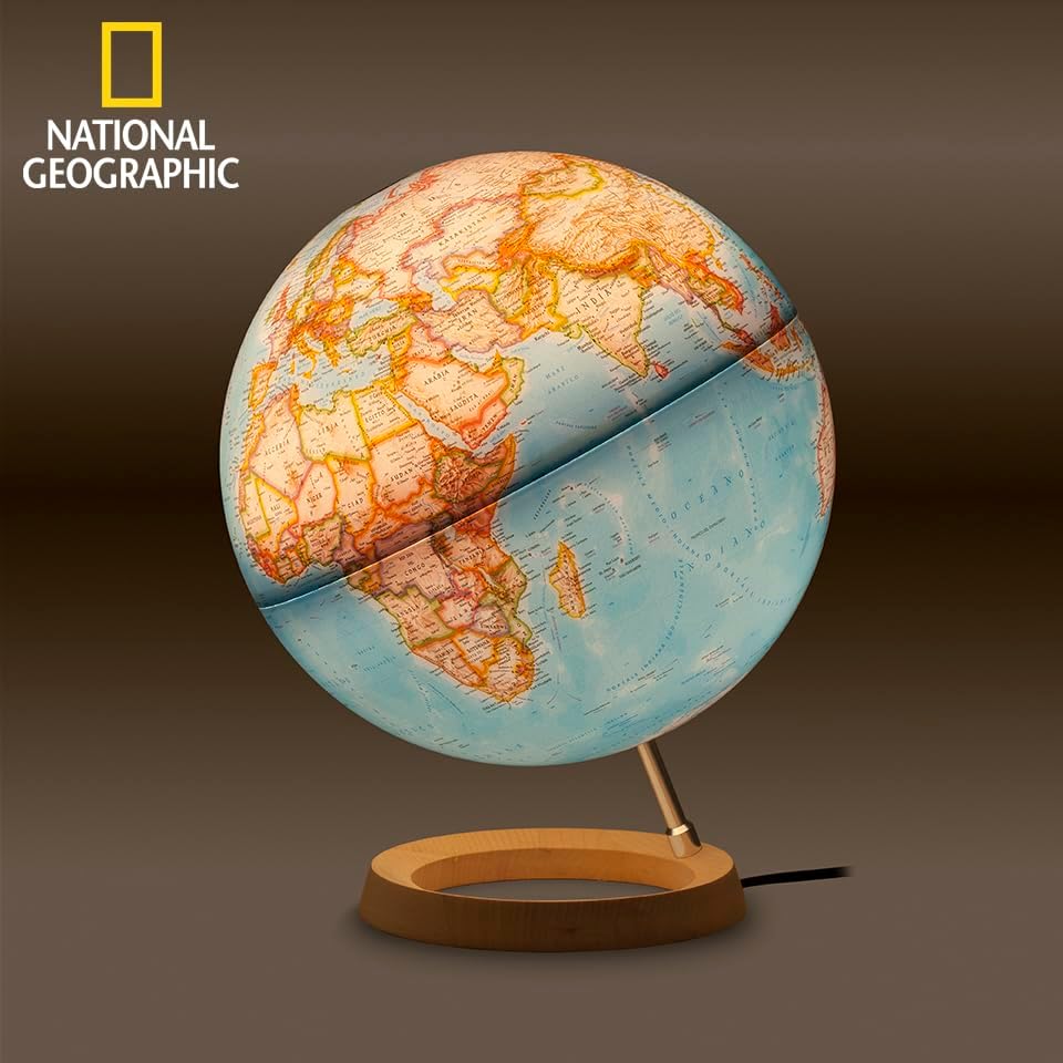 National Geographic - Globus Neon Classic - Zifferblatt blau, Ahorn und Aluminium, 30 cm, beleuchtet