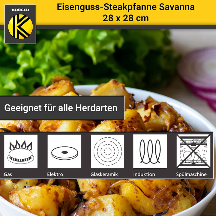 KRÜGER Gusseisen-Grillpfanne mit Holzgriff - 28 x 28 cm - emailliert - hohe Hitzebeständigkeit und l