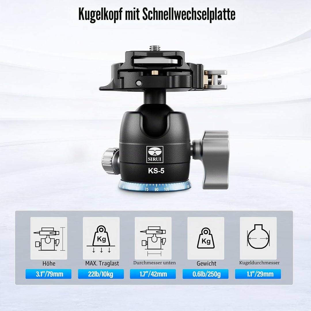 SIRUI KS-5 Kugelkopf Low Profile für Stativ, 29 mm 360° Panorama Aluminium Stativkopf für Kamera, Ca