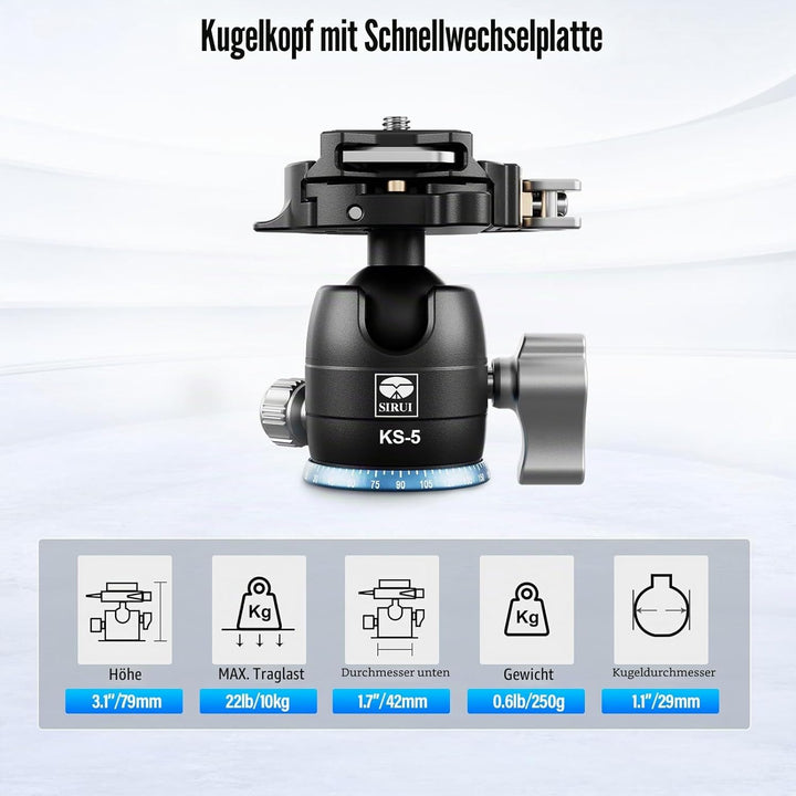 SIRUI KS-5 Kugelkopf Low Profile für Stativ, 29 mm 360° Panorama Aluminium Stativkopf für Kamera, Ca