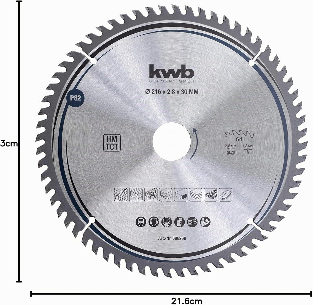 kwb Kreissägeblatt 216 x 30 mm, sehr feiner Schnitt, Sägeblatt geeignet für Arbeitsplatten, Holz und
