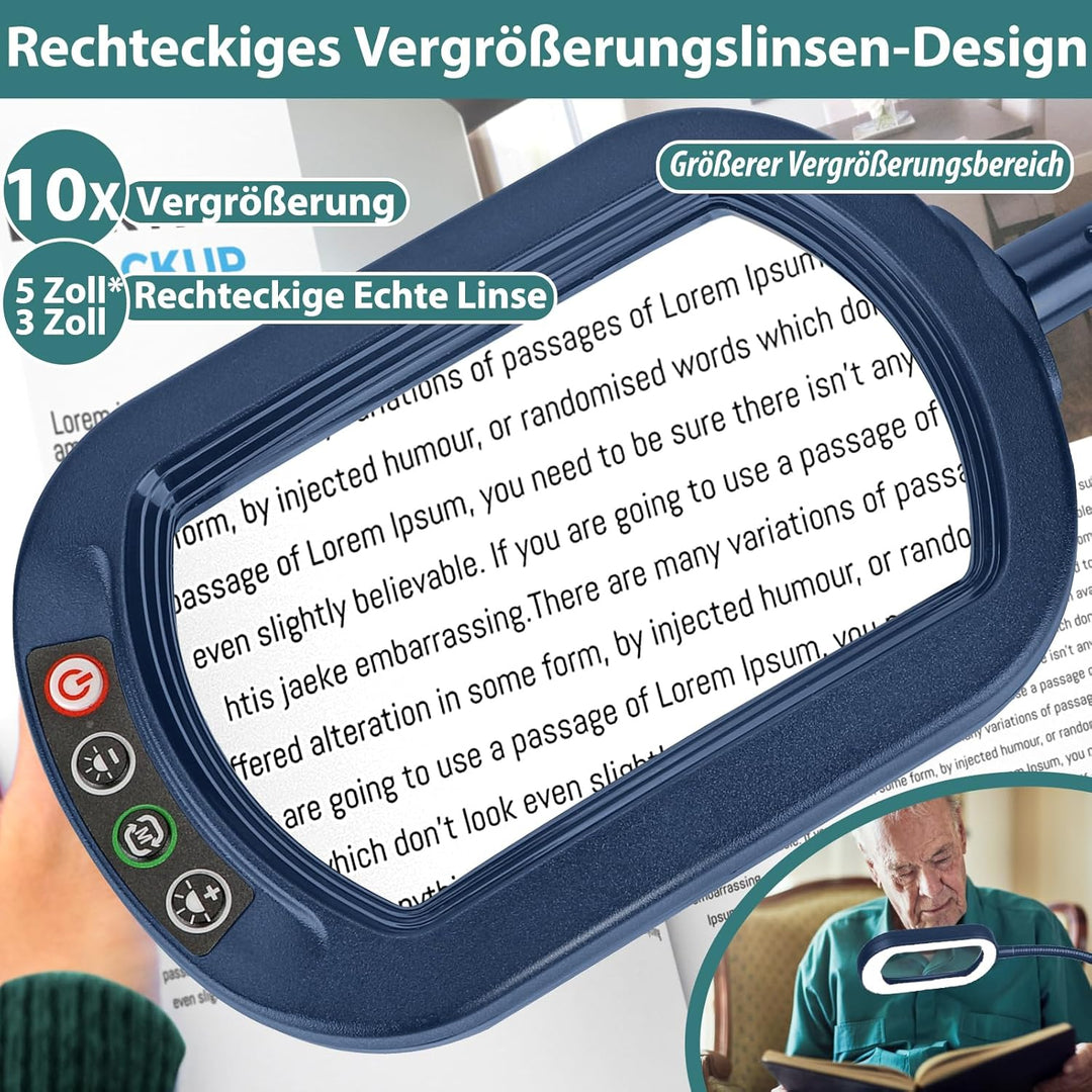 Drdefi 10X Rectangle Lupe mit Licht und Ständer, Echtes Glas Lupenlampe, 5 Farbmodi Stufenlos Dimmba