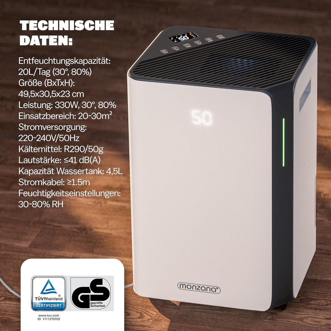 MONZANA® Luftentfeuchter elektrisch 20-30m² 20L/Tag LED-Display 24-Std-Timer Raumentfeuchter Bad Woh