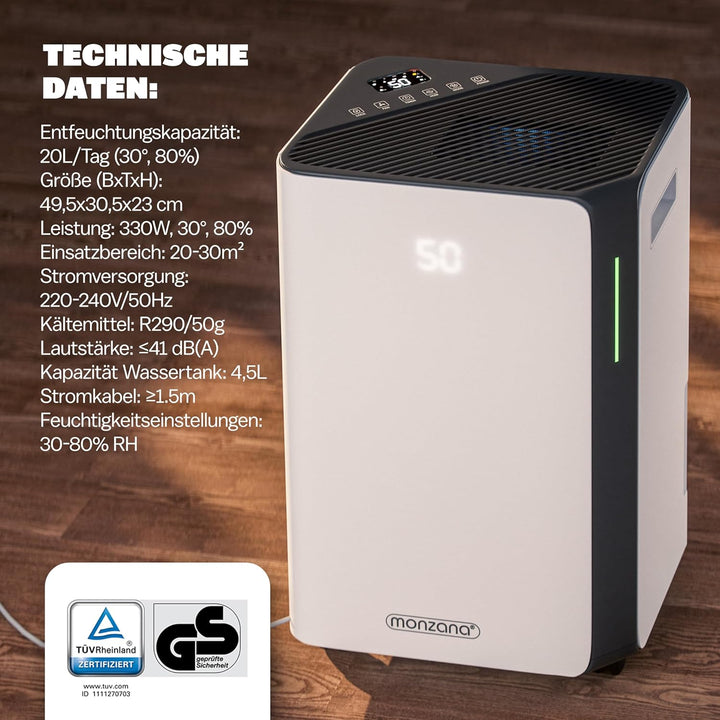 MONZANA® Luftentfeuchter elektrisch 20-30m² 20L/Tag LED-Display 24-Std-Timer Raumentfeuchter Bad Woh