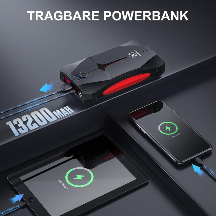 FLYLINKTECH Starthilfe Powerbank, 2000A Spitzstrom 13200mAh Tragbare Auto Starthilfe 12V für 6.0L Be