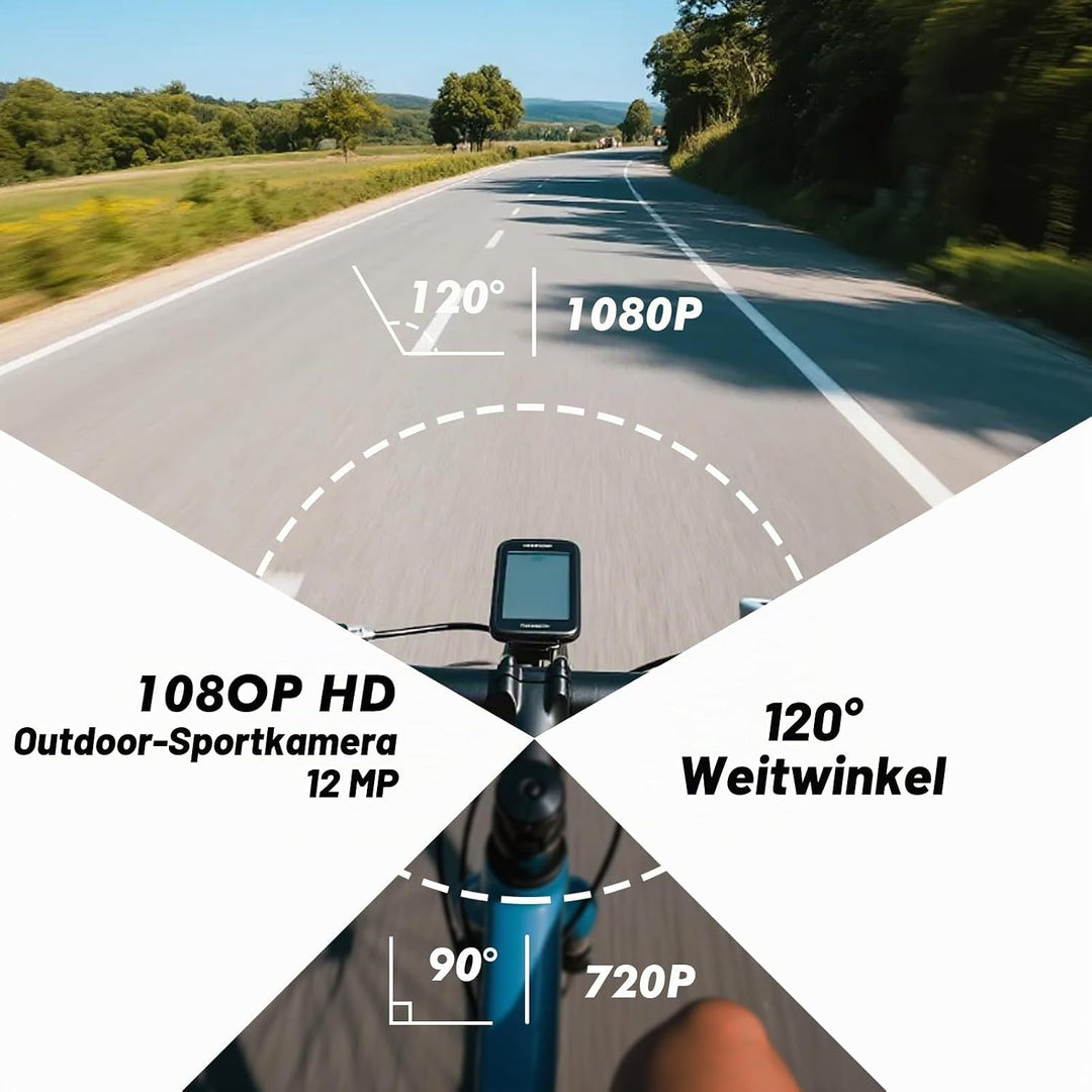 1080P HD Action Cam, 120° Weitwinkel Helmkamera, IP66 Dashcam Fahrrad mit 64GB Speicherkarte &amp; 1000m