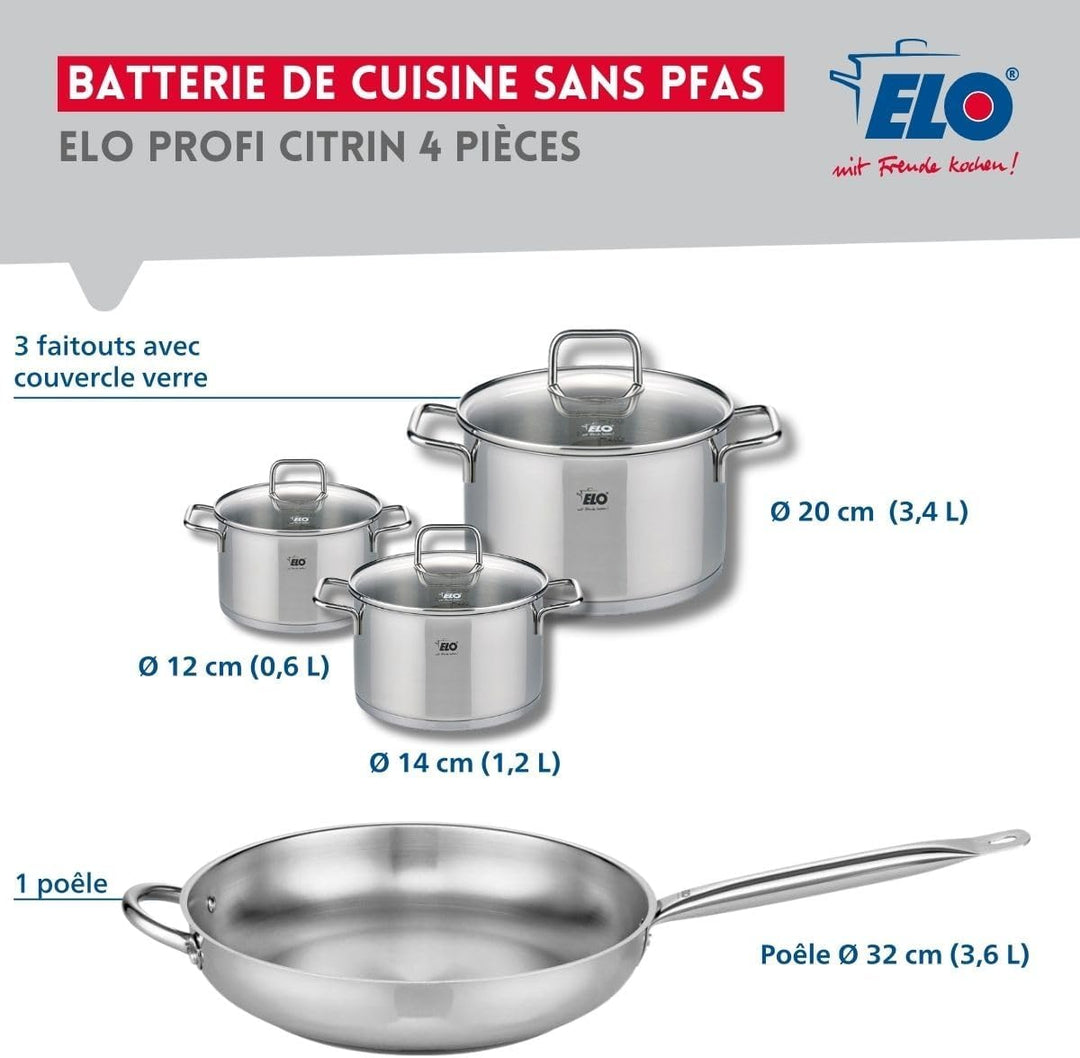 ELO 9500050 Kochgeschirr-Set, 4-teilig, 1 Bratpfanne 32 cm und 3 Kochtöpfe 12, 14 und 20 cm Elo Prof