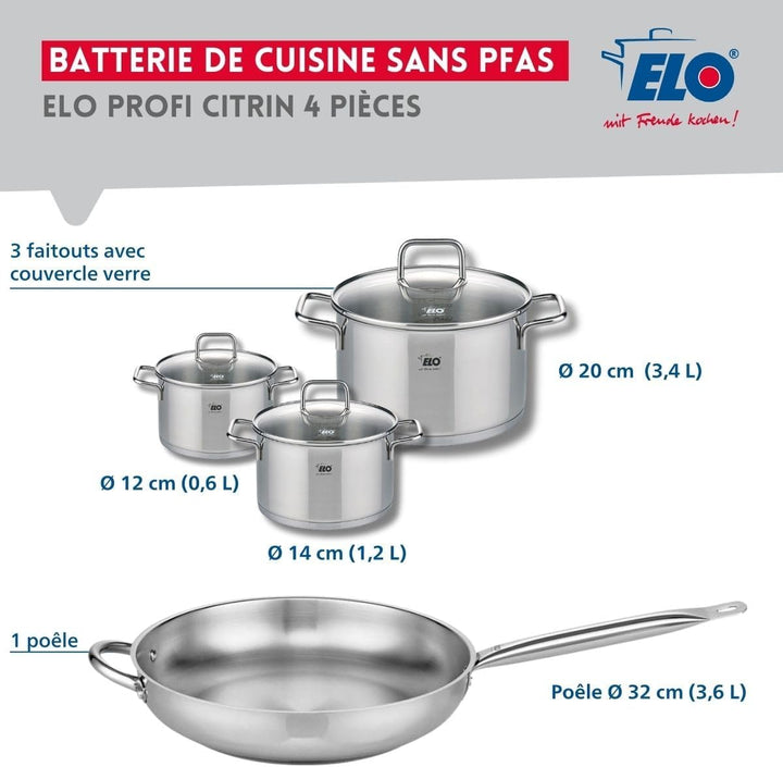 ELO 9500050 Kochgeschirr-Set, 4-teilig, 1 Bratpfanne 32 cm und 3 Kochtöpfe 12, 14 und 20 cm Elo Prof