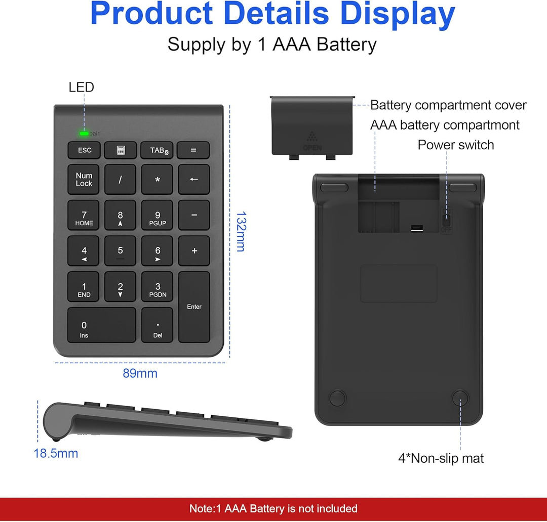 Nummernblock Bluetooth - Ziffernblock Kabellos - Numpad mit 22 Tasten und Mehreren Tastaturkürzeln -
