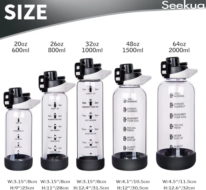 Seekua 0.8l Sport Trinkflasche Glas Flasche mit Strohhalm & Zeitmarkierung 800ml auslaufsicher bpa f