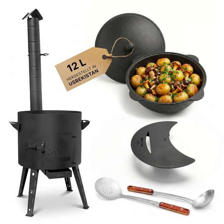 Kazan-Ofen Set 40cm Uchag 2mm Stahl Utschak Abzugsrohr 12L Gusseisen Kasan | Set Utschak mit Usbekis
