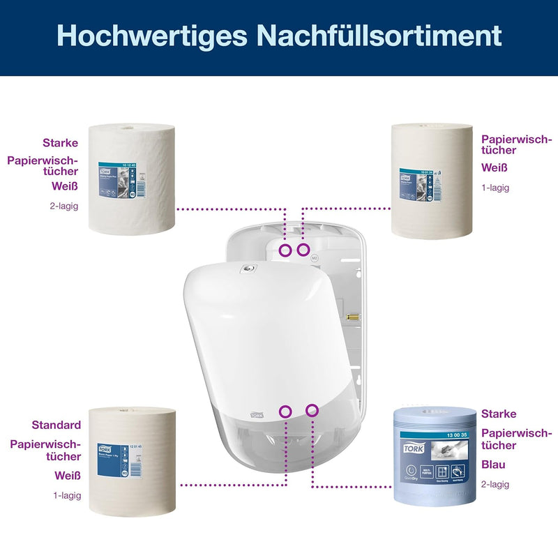 Tork 559000 Innenabrollungsspender für M2 Papierwischtücher in Weiss & Seifenspender für Schaumseife