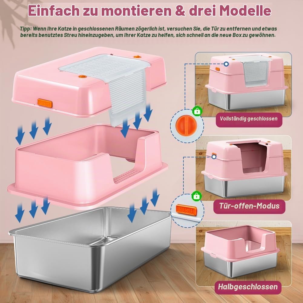 Vivifying Katzenklo Edelstahl mit Deckel, XL Leicht zu Reinigen und Geruchsresistent Katzentoilette