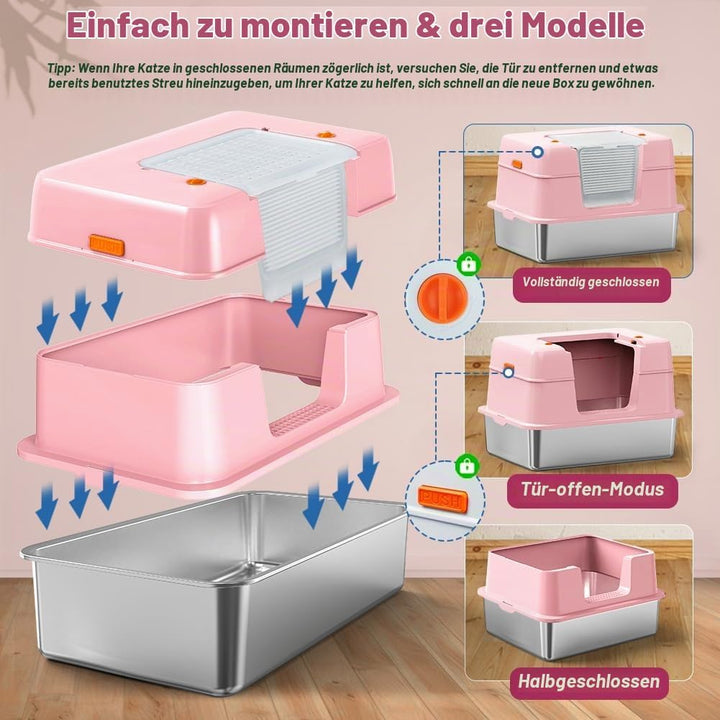Vivifying Katzenklo Edelstahl mit Deckel, XL Leicht zu Reinigen und Geruchsresistent Katzentoilette