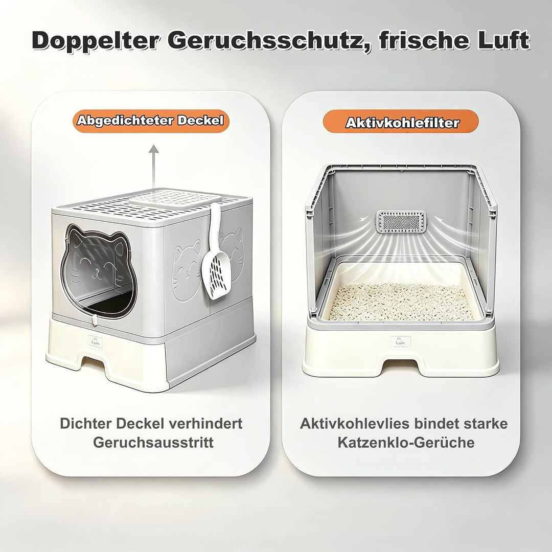 Vollständig Geschlossene Geruchsfreie Katzentoilette mit Dach, Grosse Faltbare Katzenklo mit Schubla