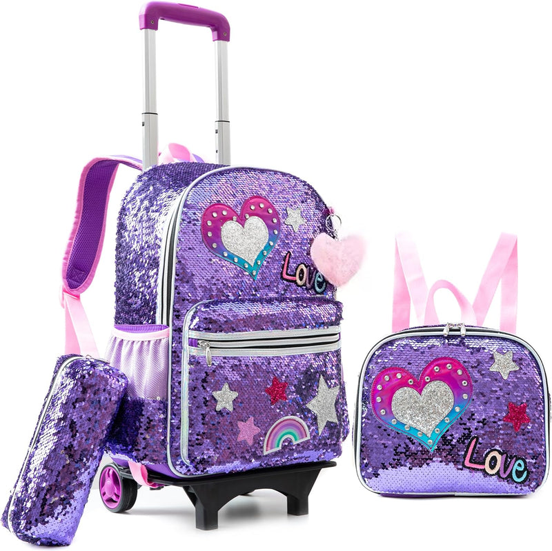 HTgroce Lila Liebe Trolley Rucksack mit Rollen, Federmäppchen, Lunch Tasche 3 in 1 Pailletten Rollin