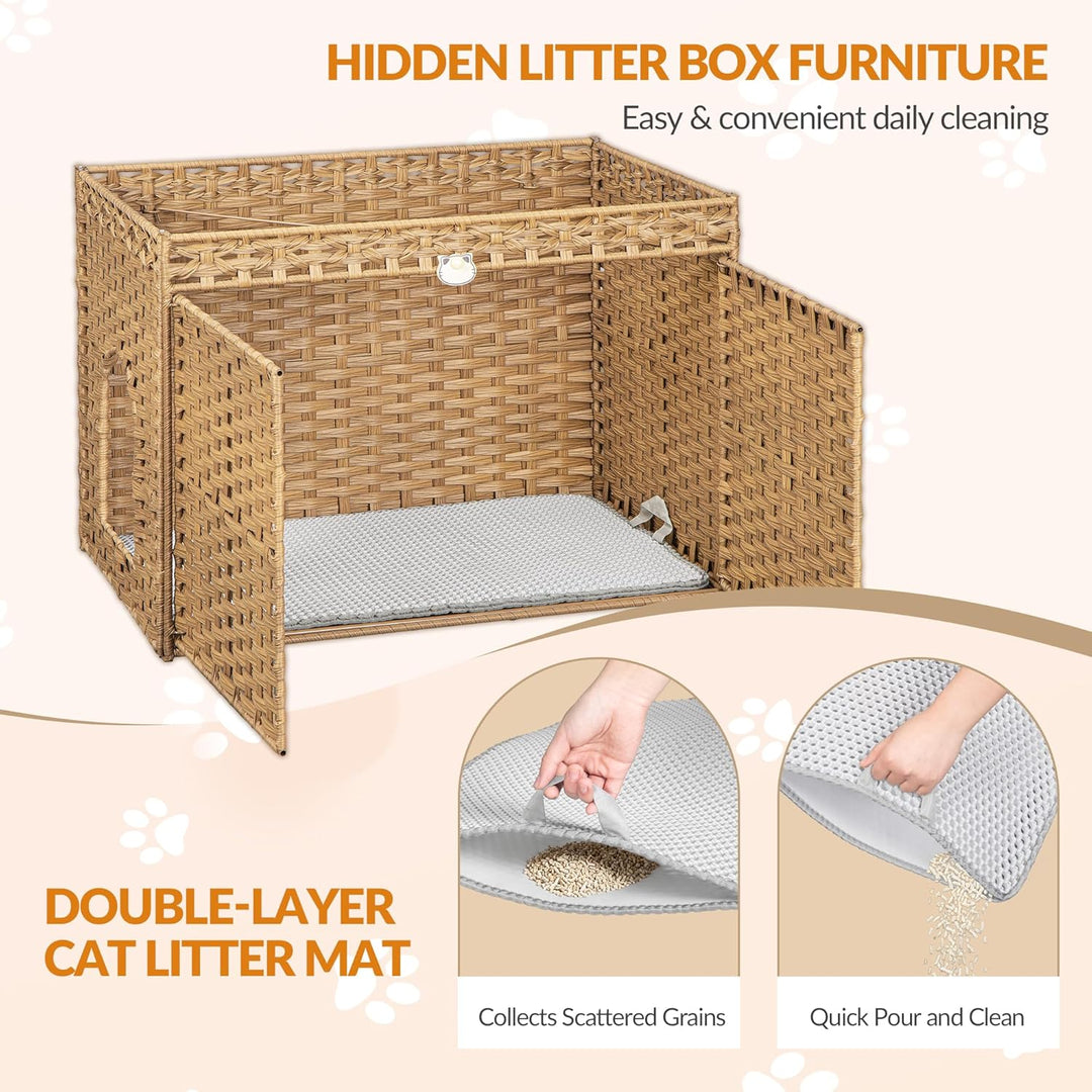 Katzenklo Schrank, Handgewebtes Rattan-Katzenhaus mit Matte und Zaun, Katzenklo Versteckt in Möbelop