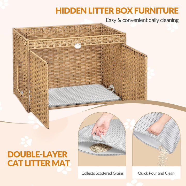 Katzenklo Schrank, Handgewebtes Rattan-Katzenhaus mit Matte und Zaun, Katzenklo Versteckt in Möbelop
