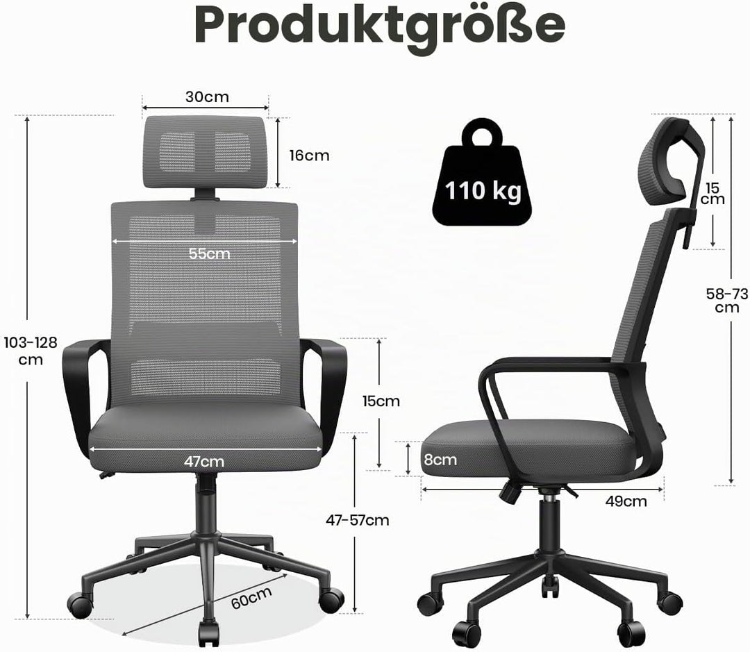naspaluro Bürostuhl Ergonomisch, Schreibtischstuhl mit Verstellbarer Kopfstütze, Hochklappbaren Arml