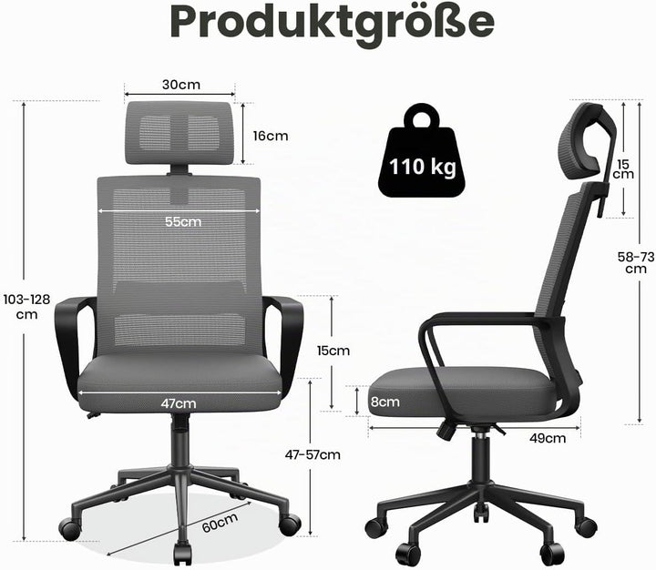 naspaluro Bürostuhl Ergonomisch, Schreibtischstuhl mit Verstellbarer Kopfstütze, Hochklappbaren Arml