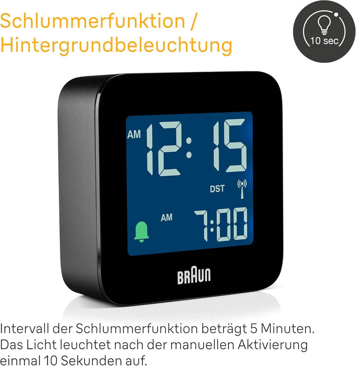Braun Digitaler Reisewecker Mitteleuropäische Zeitzone (MEZ) mit Schlummerfunktion, kompakte Grösse,