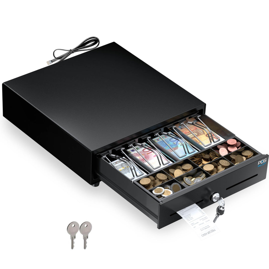 Automatische Kassenschublade 33x33cm, 4 Geldschein-/8 Münzfächer, RJ11/Schlüssel-Öffnung, Ideal für