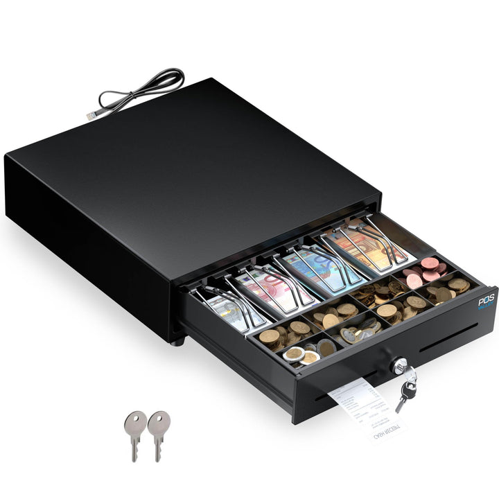 Automatische Kassenschublade 33x33cm, 4 Geldschein-/8 Münzfächer, RJ11/Schlüssel-Öffnung, Ideal für