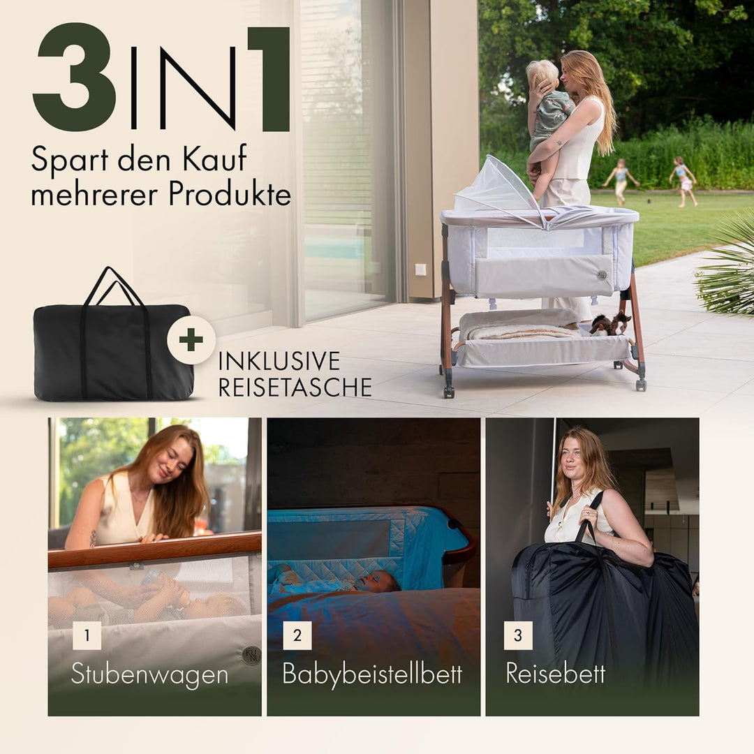 KUNU® Babybett - Beistellbett Baby mit Rollen für Boxspringbett - 3 in 1 rollbares Baby Bett Reise B