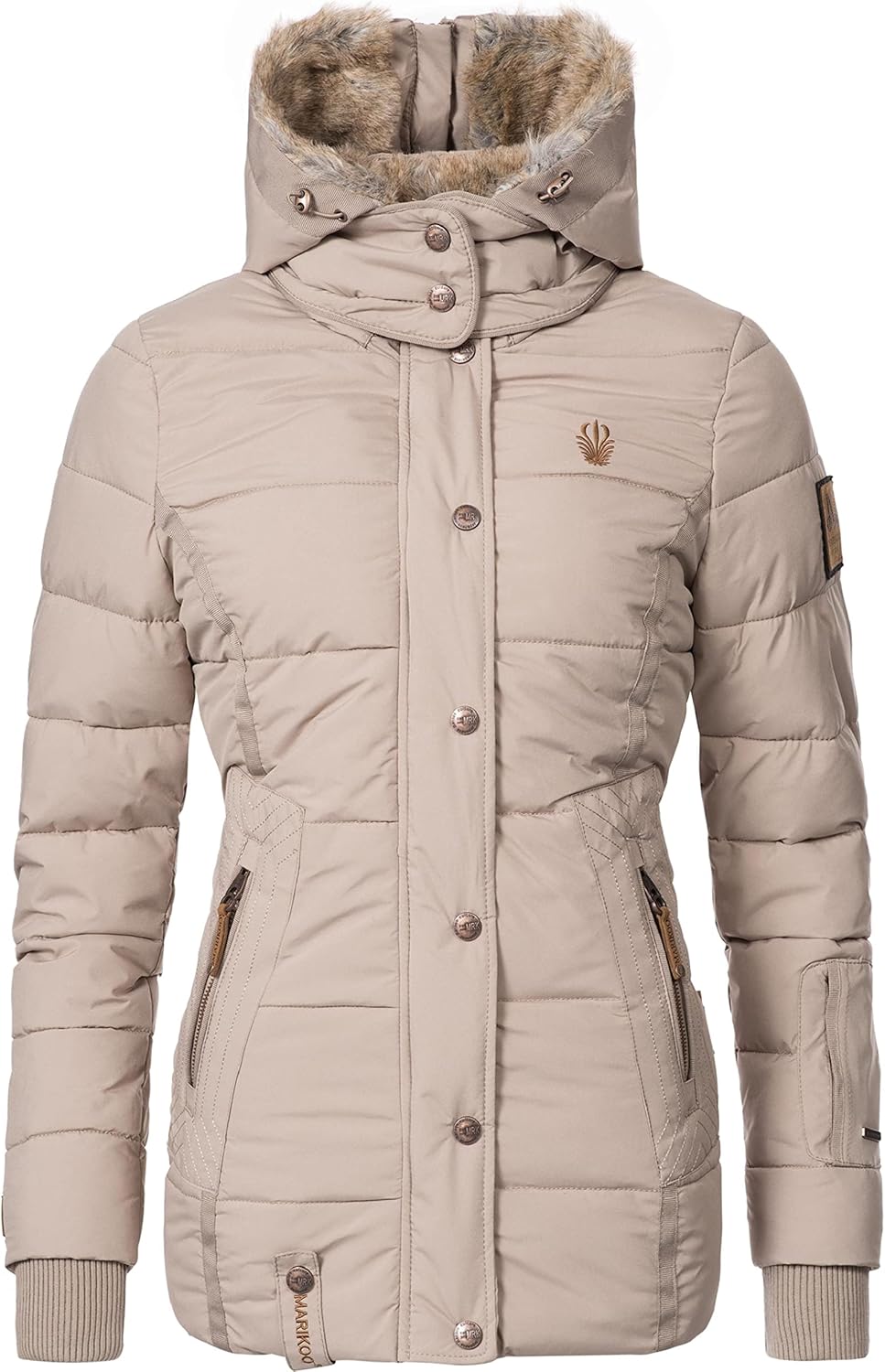 MARIKOO Damen Winterjacke warme Steppjacke mit Kunstfell Innenfutter Nekoo XS-3XL M Light Taupe, M L