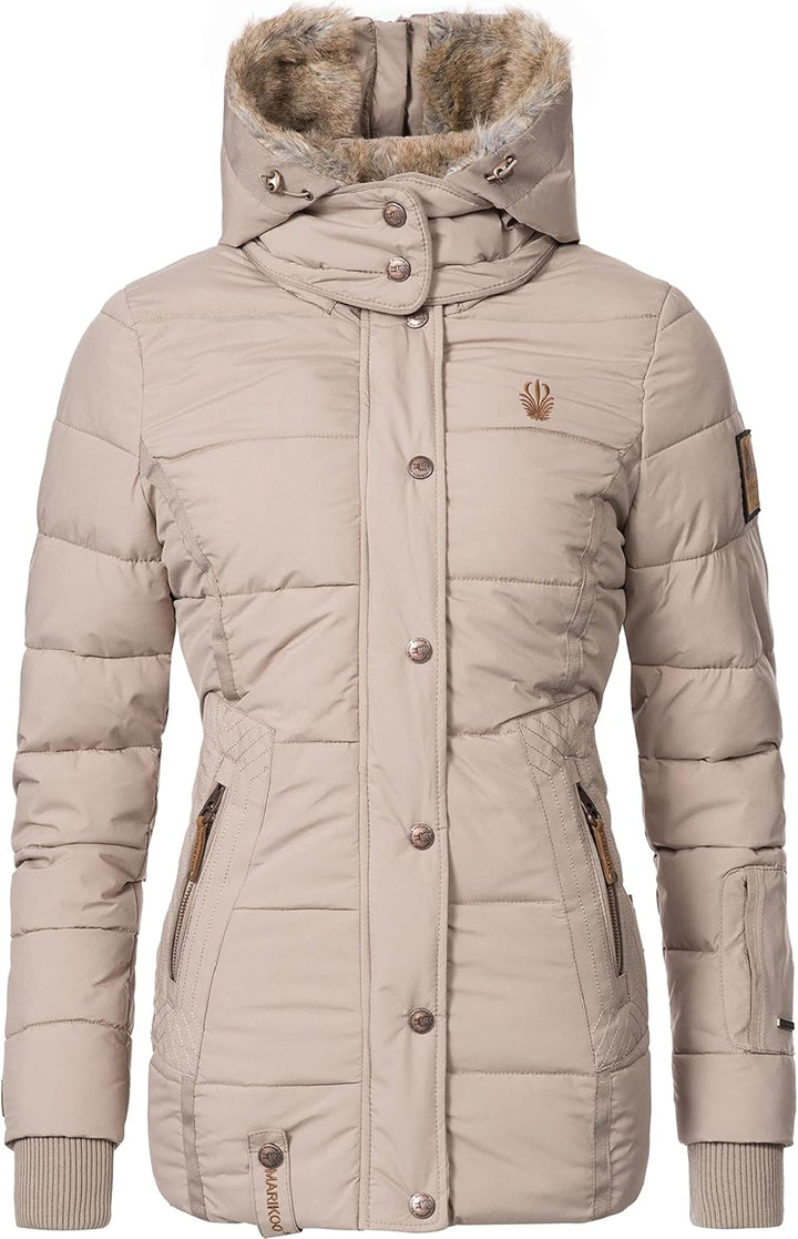 MARIKOO Damen Winterjacke warme Steppjacke mit Kunstfell Innenfutter Nekoo XS-3XL M Light Taupe, M L