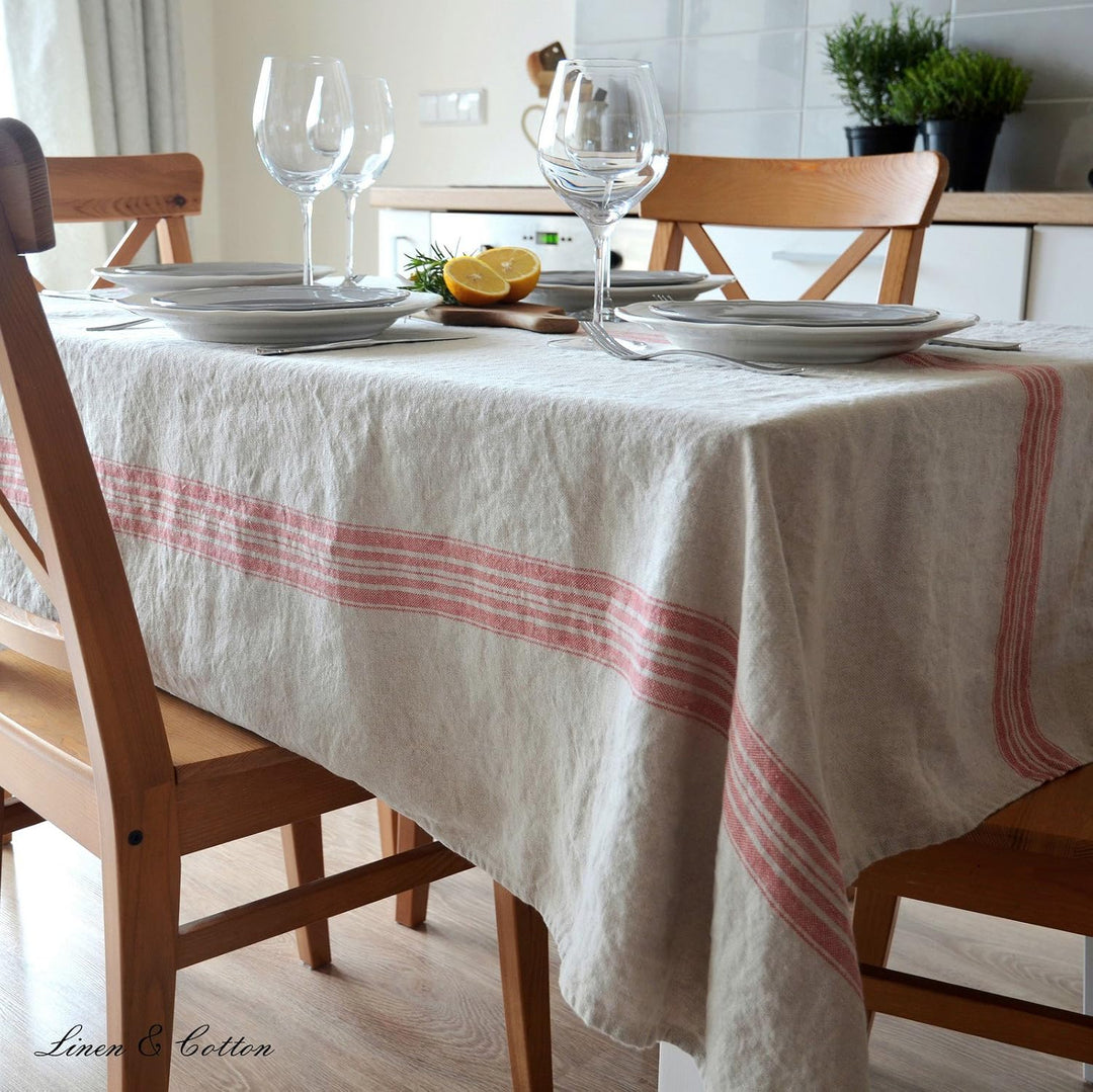 Linen &amp; Cotton Luxus Vintage Shabby Chic Rustikal Tischdecke Provence - 100% Leinen, Beige Natur Rot