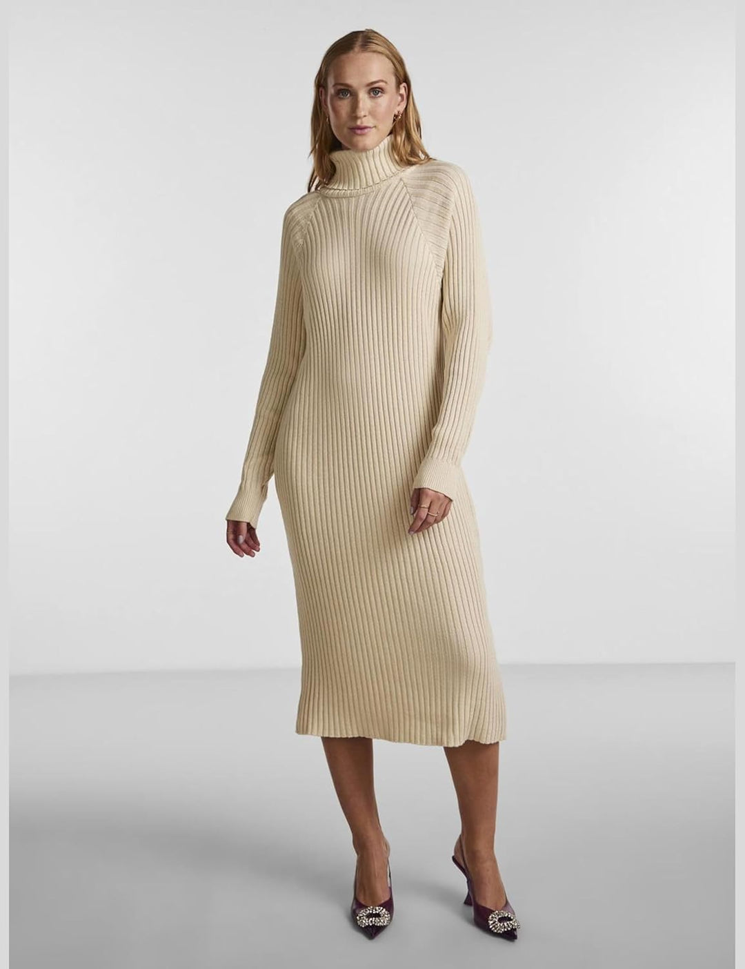 YAS Damen Yasmavi Knit Midi Rollneck Dress S. Noos Strickkleid, XS Birch