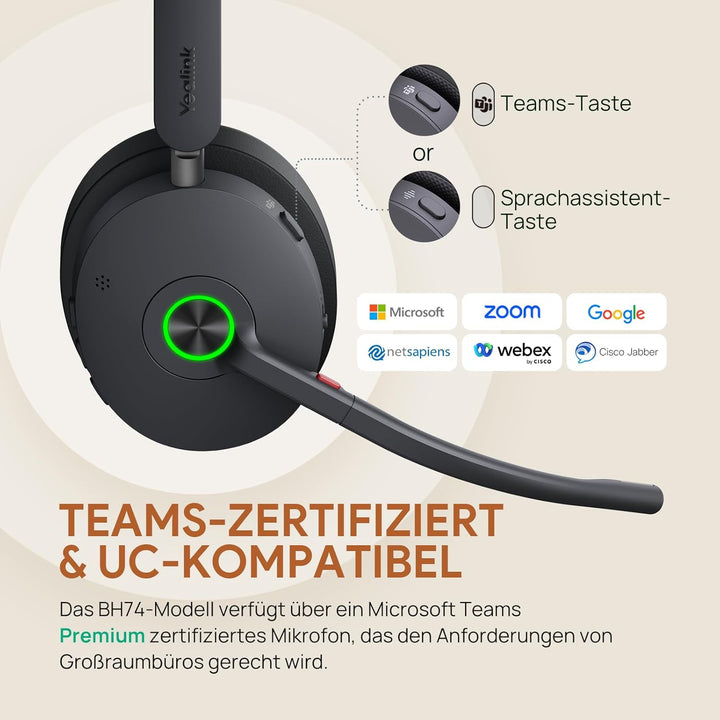 Yealink BH74 Bluetooth On Ear Headphones with Noise Cancelling ANC Headset with Microphone for Offic