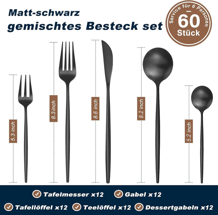 Bestdin Besteck Set, 60 teilig Besteck Set 12 Personen, Edelstahl Besteckset mit Messer Gabel Löffel