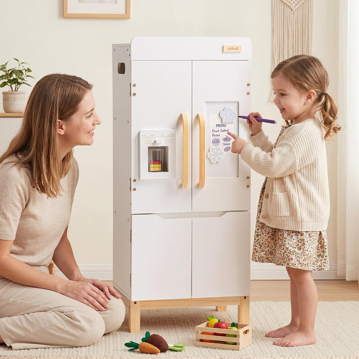 ROBUD Spielkühlschrank Holz für Kinder, Kinderküche Kühlschrank mit Getränkeautomat &amp; Aufbewahrung,