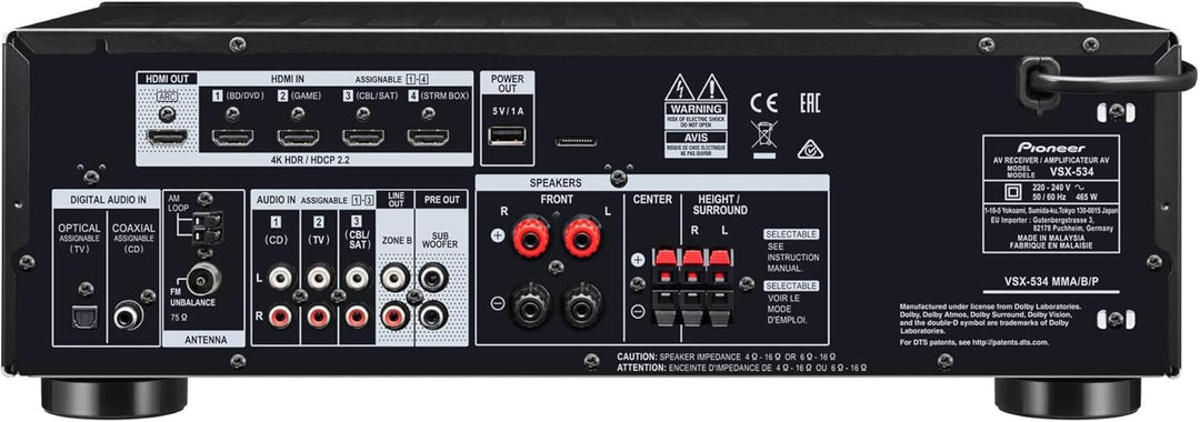 Pioneer VSX-534(B) Receiver (5x150 Watt, Dolby Atmos, DTS:X, MCACC, Advanced Sound Retriever, AM/FM,