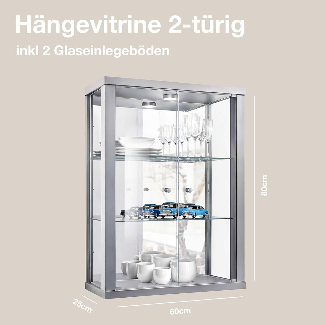 K-Möbel Hängevitrine in Alu/Silber (80x60x25 cm) mit 2 höhenverstellbaren Glasböden, Spiegel & LED -