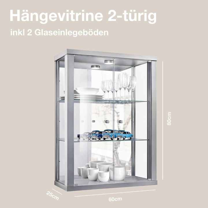 K-Möbel Hängevitrine in Alu/Silber (80x60x25 cm) mit 2 höhenverstellbaren Glasböden, Spiegel & LED -