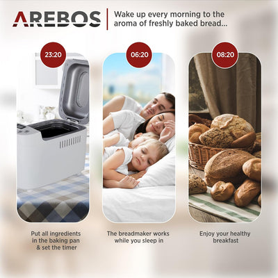 Arebos Brotbackautomat 1500g | mit 15 Programmen | 2 Knethaken | Timer | LCD Display | 3 Bräunungsgr