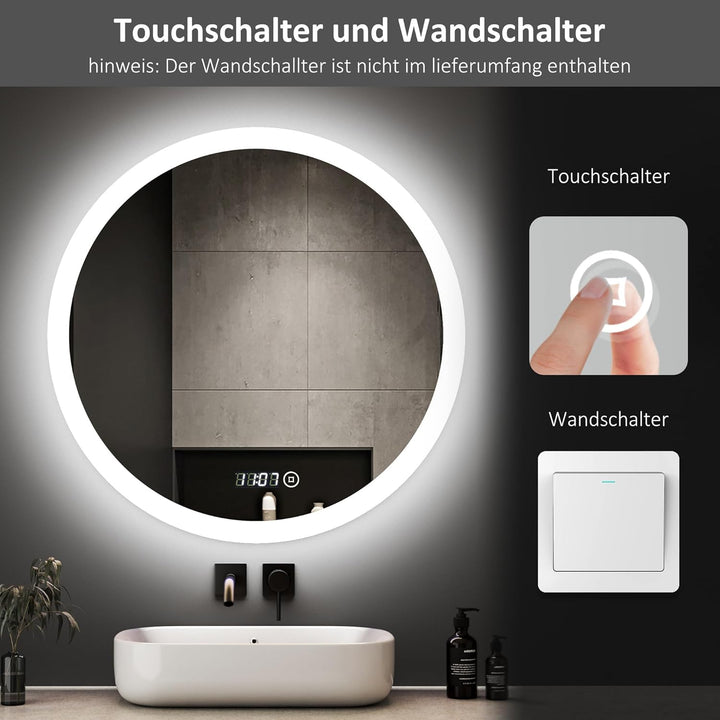 Boromal LED Badspiegel Rund 60x60cm Spiegel mit Beleuchtung LED Spiegel Rund mit Uhr LED Spiegel mit