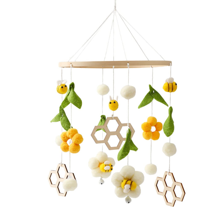 Mobile Baby Holz + Wollknäuel, Frische Blumen und Bienen, Windspiel Rassel Wickeltisch, Kinderzimmer