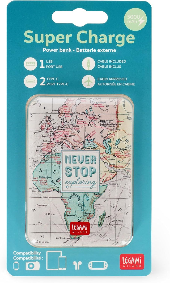 Legami – Powerbank, Supercharge, Travel, 2 Anschlüsse, Typ C und 1 USB, lädt bis zu 2 Geräte gleichz