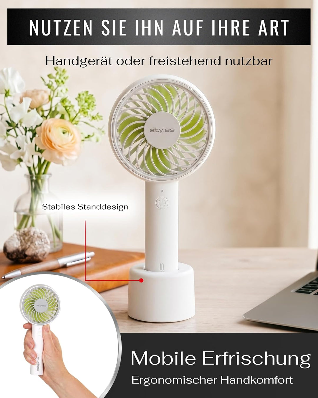 Premium Handventilator Akku aufladbar, Mini Ventilator für die Hand, Akku Ventilator mit 3 Stufen, 2