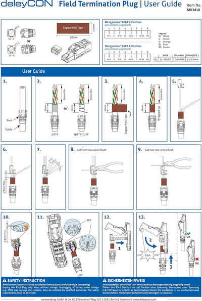 deleyCON 12x CAT 6a Netzwerkstecker RJ45 mit LSA Anschluss Werkzeuglos für Starre Verlegekabel LAN K