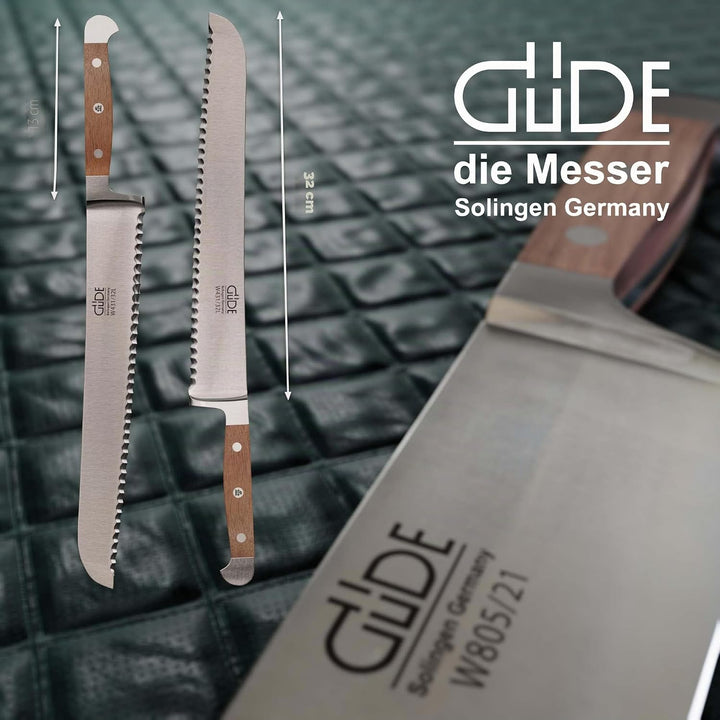 GÜDE Solingen - Brotmesser Linkshänder geschmiedet, 32 cm, Walnussholz, ALPHA WALNUSS, Doppelkropf,