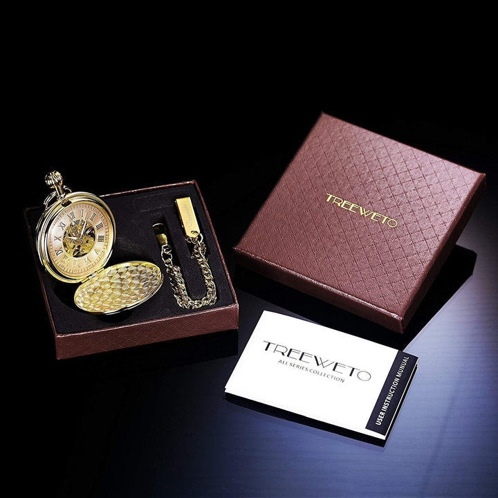TREEWETO Men's Pocket Watches Smooth Golden/Silver Antique Mechanical Pocket Watch for Men Women wit
