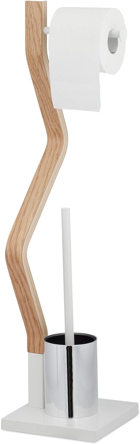 Relaxdays WC Garnitur stehend, Holz und Stahl, Toilettenpapierhalter mit Bürste, HBT 75 x 18,5 x 18,