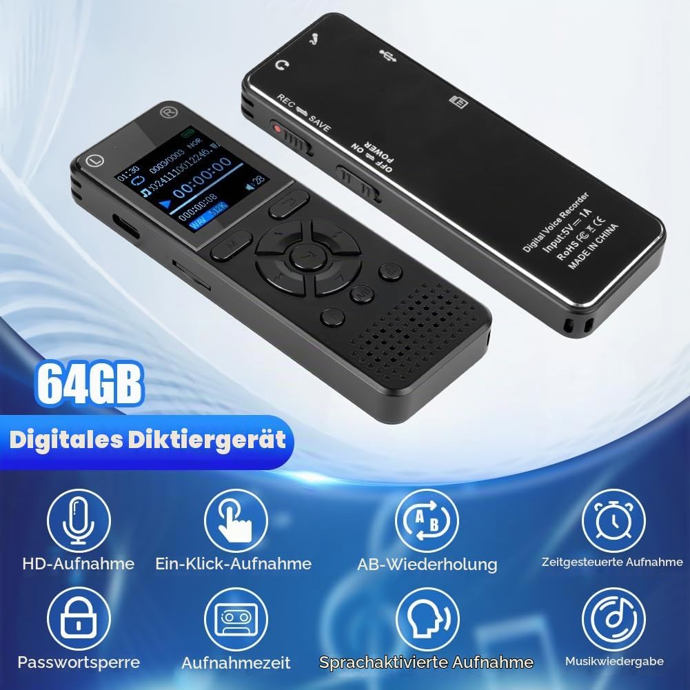 OFFCUP 64GB Diktiergerät, Digitales Diktiergerät mit Rauschunterdrückung, 1536kbps hohe Aufnahmegerä