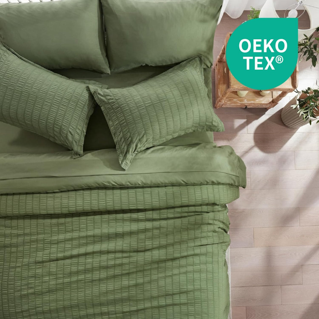 Zzlpp Queen-Bettwäsche-Set, 7-teilig, olivgrün, Seersucker-Bett in Einer Tasche mit Bettdecke und Be