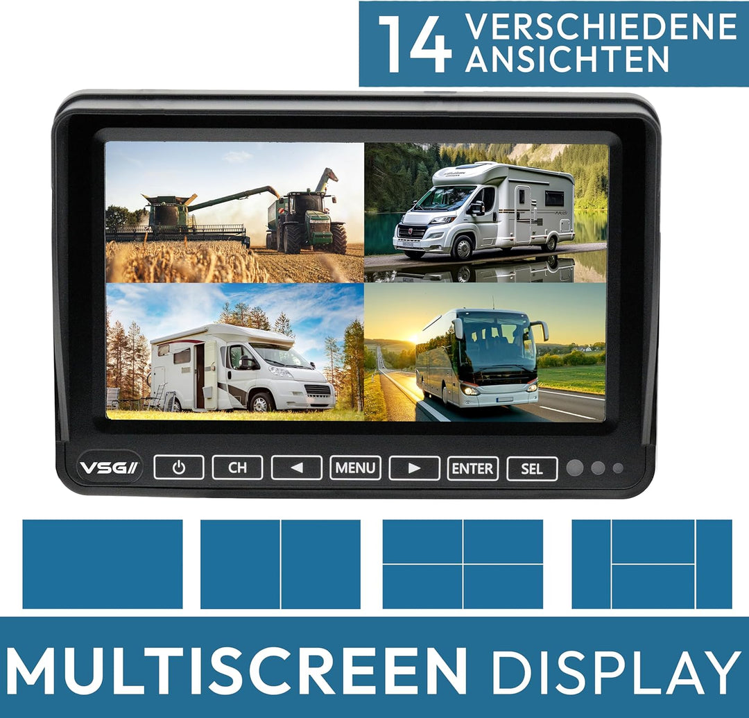 VSG24 – 7“ Quad Excellent HD Transporter Rückfahrmonitor, Heavy Duty, Monitor inkl. Zubehör, e-Zulas